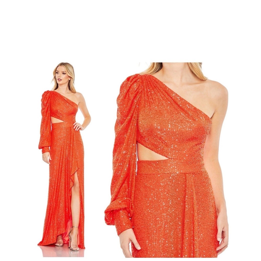 Ieena for Mac Duggal One Shoulder Sequin Cutout Gown Orange 26730 Size 0